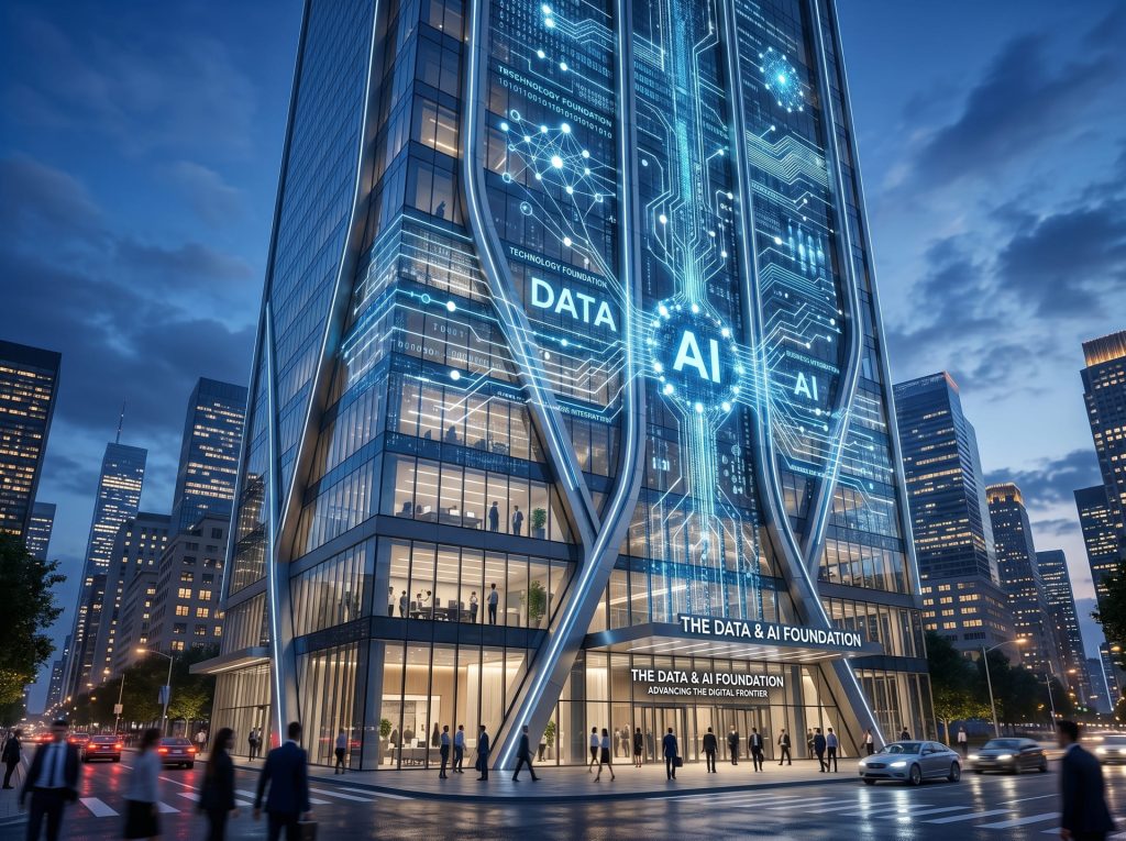Edificio corporativo moderno iluminado al anochecer con una fachada de cristal que proyecta hologramas de circuitos azules, redes de nodos y las palabras "DATA" y "AI". En la entrada principal se lee el letrero "THE DATA & AI FOUNDATION" mientras peatones y coches transitan por la calle.