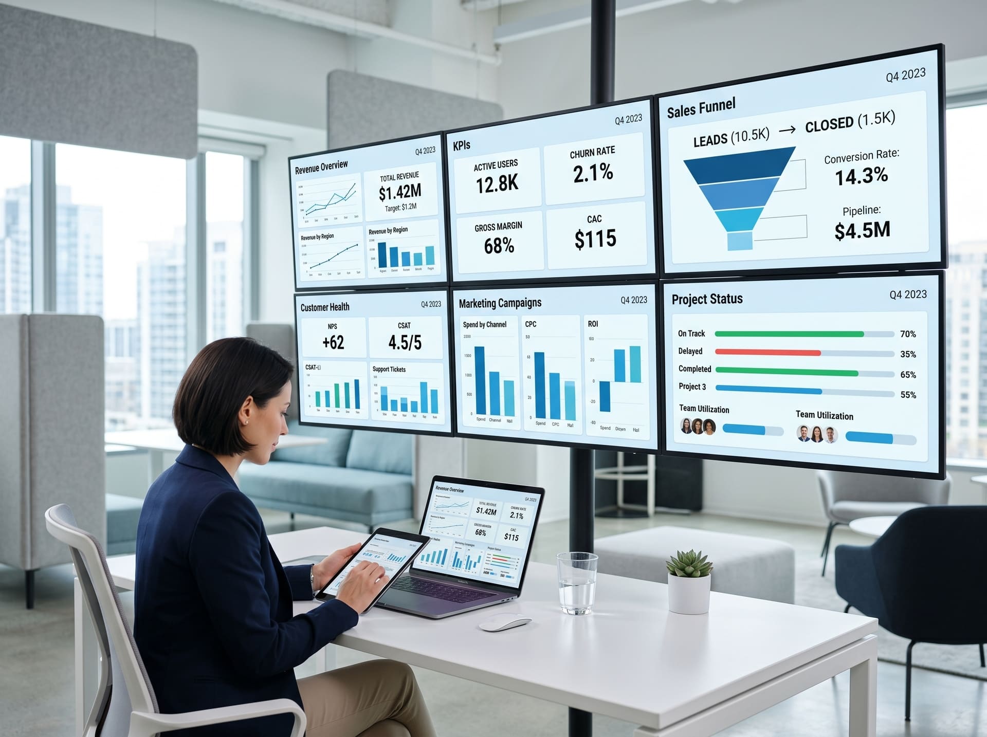 Profesional analizando métricas de datos en una oficina moderna, con una gran pantalla compuesta por varios monitores que muestran paneles de control empresariales detallados.