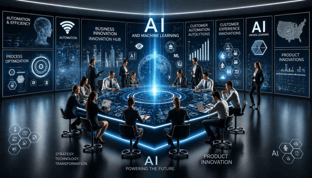 Reunión estratégica en una sala de alta tecnología donde un grupo de ejecutivos rodea una mesa holográfica central. Grandes pantallas de visualización de datos en las paredes muestran conceptos como IA y Machine Learning, Automatización e Innovación de Productos en un entorno futurista y oscuro.