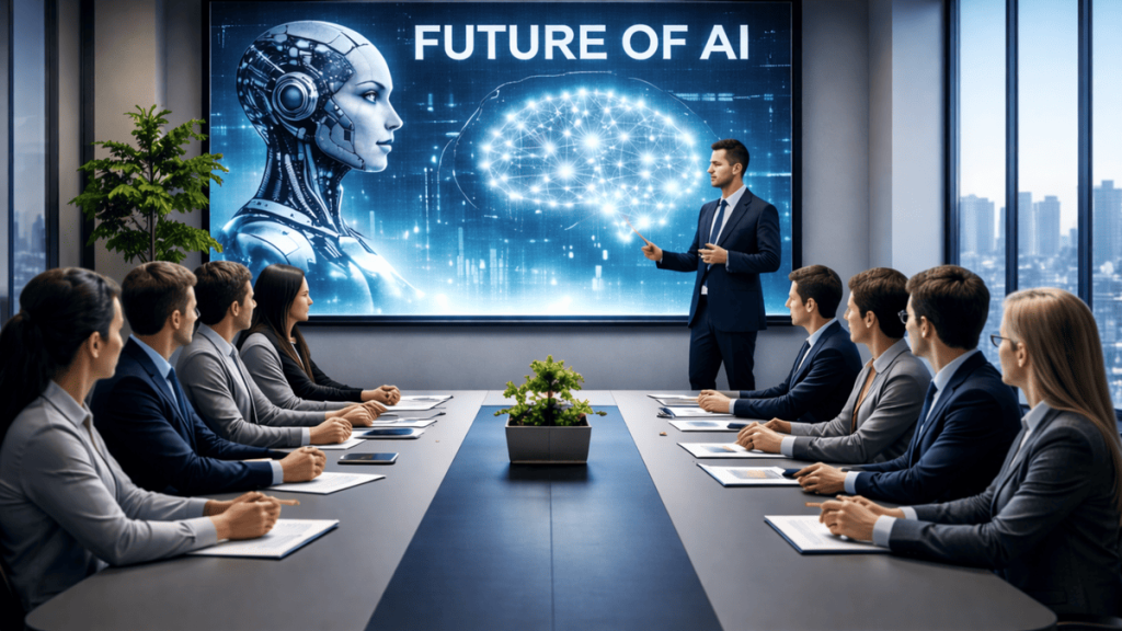 Un conferencista de traje presenta ante un grupo de profesionales en una sala de juntas. En la pantalla gigante del fondo se lee "FUTURE OF AI" junto a la imagen de un robot humanoide y una representación brillante de un cerebro digital.