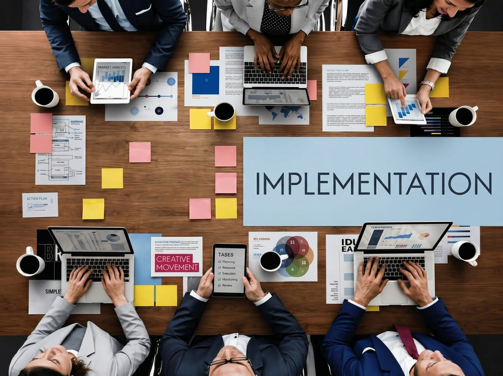 Vista aérea de un equipo de trabajo alrededor de una mesa de madera con portátiles y cafés. En el centro destaca un cartel con la palabra "IMPLEMENTATION" rodeado de notas adhesivas y gráficos de planificación.